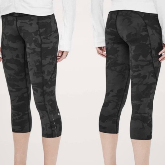 LULULEMON Fast Free Crop II 19” Nulux Incognito Camo Grey Reflective Size 12 - Picture 1 of 11
